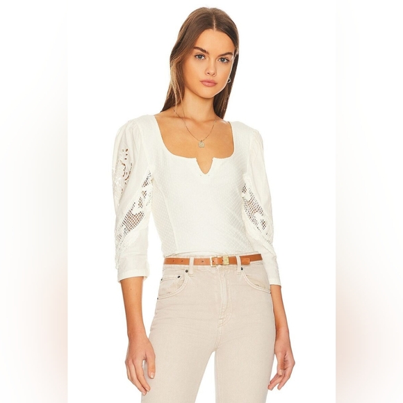 Free People NWT Brunch Date Henley Medium Eyelet 3/4 Sleeves Color Moon Glow Top - Picture 1 of 12
